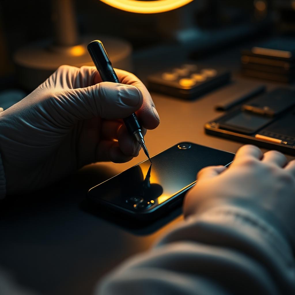 Técnico revisando iPhone em bancada da V7 Celulares